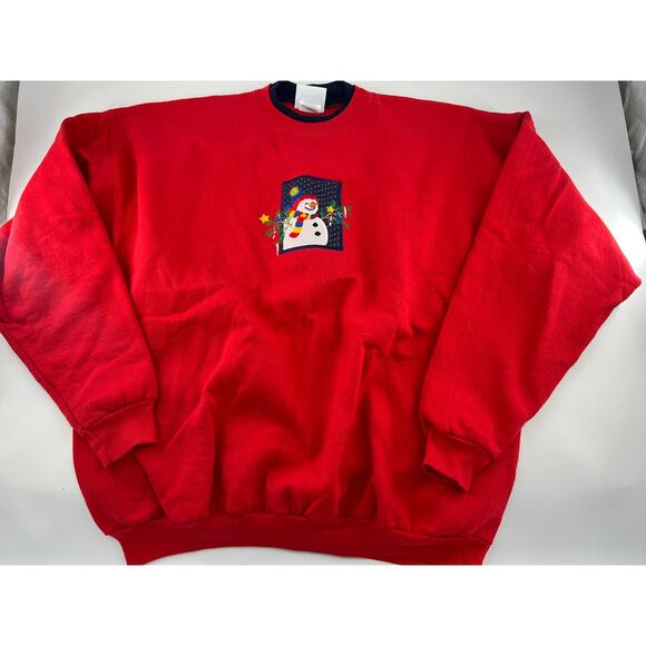Vintage Christmas Sweatshirt Womens Extra Large Red Snowman Embroidered Holiday - Picture 1 of 9